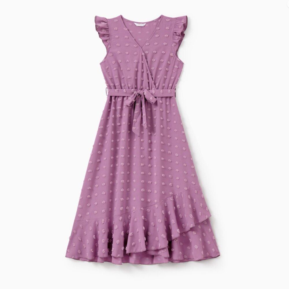 Women Ruffle Sleeve Purple Belted Sweet Summer Dress S, M, L, XL